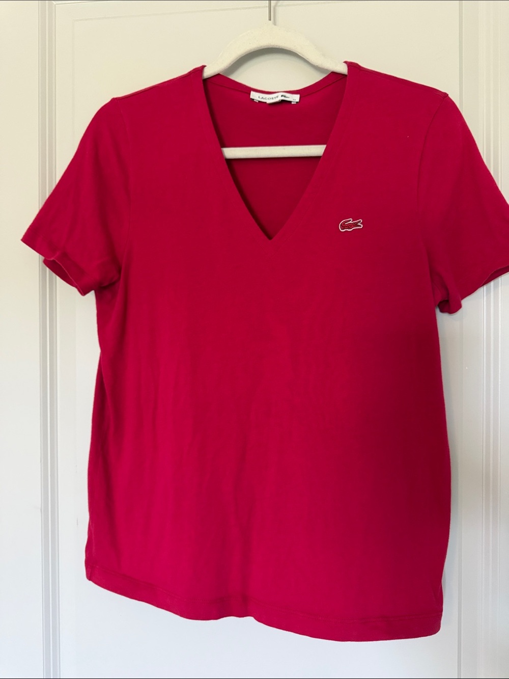 Lacoste Women's Short Sleeve V-Neck Tee in Bright Pink
